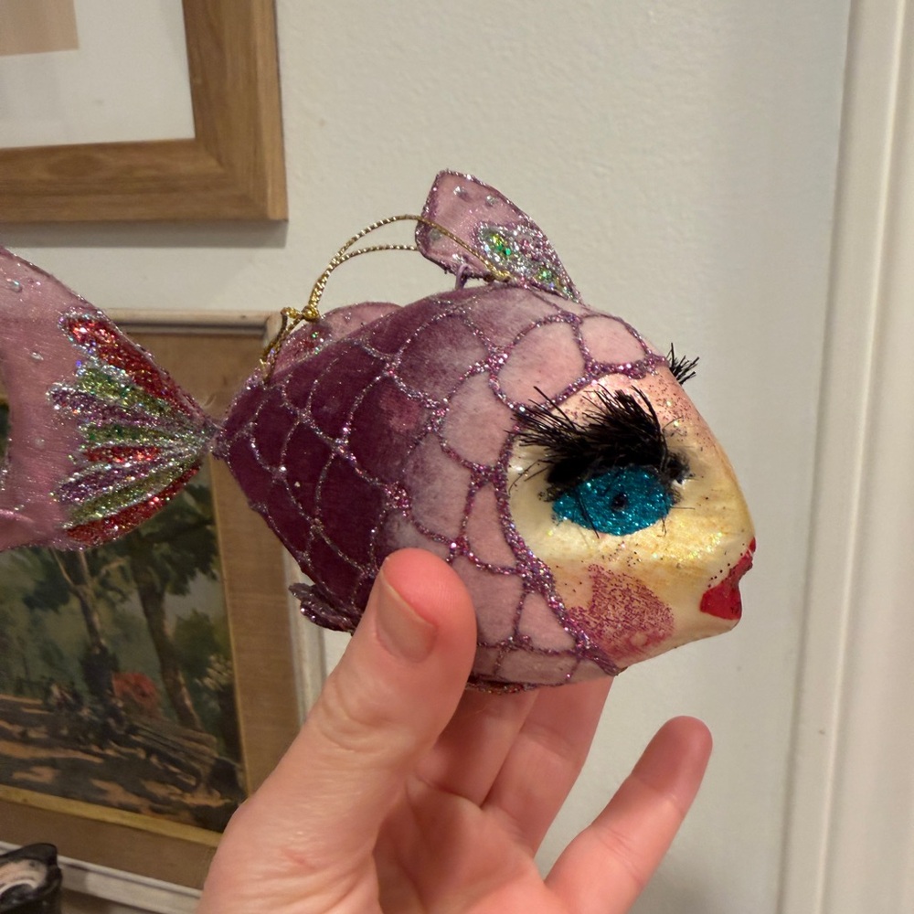 Purple Glitter Fish Ornament with lips and eyelashes